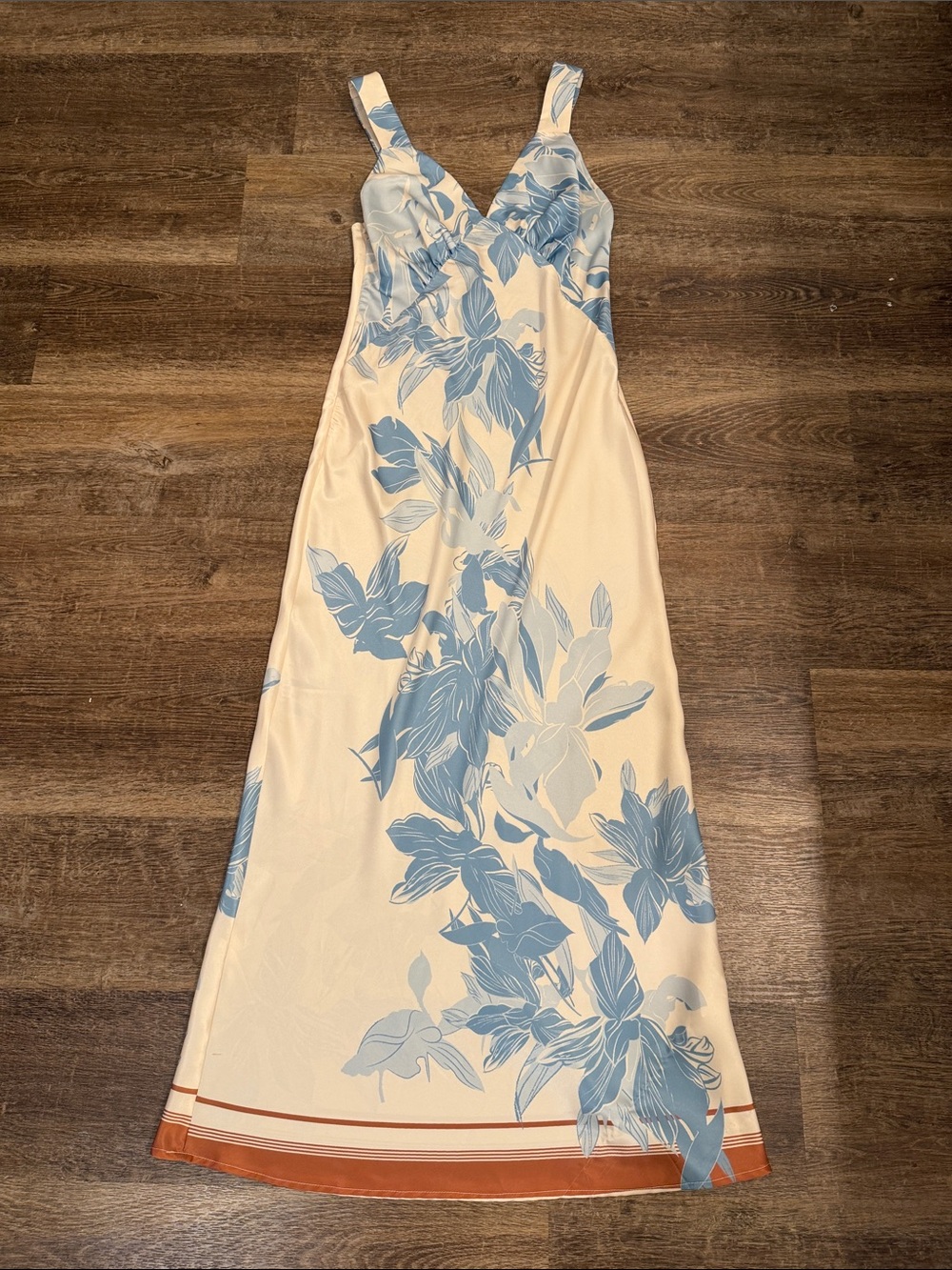Petal & Pup Cream Maxi Dress with Blue Floral Print and Rust Trim